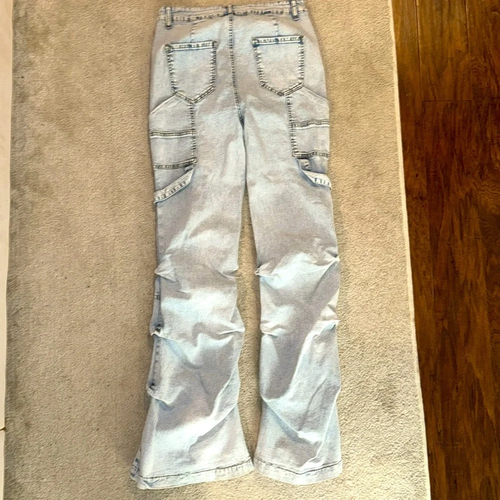 Jeanoix Casual Distressed Ruched Slim Fit Flare Leg Jeans Skinny Bootcut Jeans - Picture 4 of 6